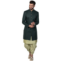 Kisah Men's Indo-Western Kurta Sherwani Dhoti Set, Green Cotton Blend, Solid Dyed Regular Fit Mandarin Collar Full Sleeves (38)