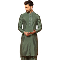 Kisah Cotton Kurta For Men, Full Sleaves, Knee Length, Straight, Regular Fit, Mandarin Collar, Geometric Embroidered Mirror Work Ethnic Green Wear