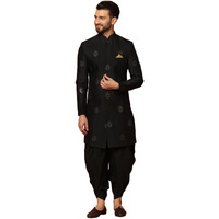 Kisah Men's Sherwani Dhoti Set, Silk Blend Full Sleaves, Knee Length, Straight, Regular Fit, Mandarin Collar Ethnic Wear, 44 Black