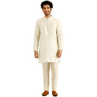 Kisah Men's Mid Kurta Trouser Set, Off White Cotton Blend, Solid Regular Fit Mandarin Collar Long Sleeves (38)