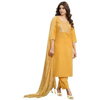 Sanisa Women's Cotton Blend Sequins Embroidery Straight Kurta With Pant And Dupatta Set (202Kbd2143N-S_Yellow)