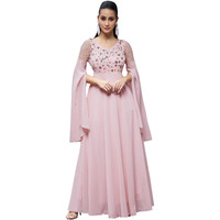 Miss Chase Women's Dusty Pink V-Neck Slit Sleeves Embroidered Maxi Dress (Mcss22D06-45-234-05, Dusty Pink, L)