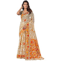 Satrani Women's Cotton Jacquard Saree With Unstitched Blouse Piece (3417S211N_Beige & White)