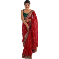 Satrani Women's Georgette Bandhani Printed Embroidery Saree With Unstitched Blouse Piece (4132S134N_Red)
