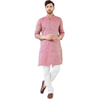 See Designs Men Long Sleeve Side Slit Mandarin Collar Pink Ethnic Motifs Silk Jacquard Woven Design Straight Kurta - Bnrskt724L