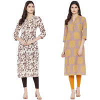 Pinkmint Women Cotton Printed Kurta Stylish Regulr Fit Girl's Combo Kurta Ll Regular Fit Combo Kurta (Pack Of 2) Cream-Orange