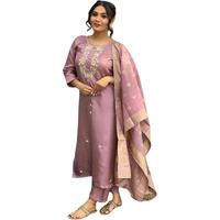 Shiv Textiles Embroidery Onion Kurta Trousers With Dupatta Striped Viscose Silk Blend Three-Quarter Sleeves Kurta Sets For Womens(Jd-Vanni-Onion-S)