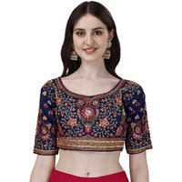 Pujia Mills Women's Heavy Multi Codding Embroidery With Diamond Work Half Sleeve Multicolor Trendy Blouse(Heer) (Navy Blue, 42)