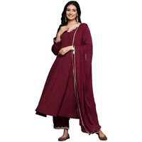 Varanga Women Maroon Zari & Sequins Embellished Anarkali Kurta With Bottom And Dupatta  V-Neck, Potali Button Yoke, Long Sleeves