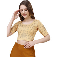 Vihu Fashion Women's Readymade Hosiery Lycra Stretchable Round Neck Half Sleeve Blouse With Swaroski Work Fancy Lycra Stretchable Gold Blouse For Women Readymade Saree Blouse