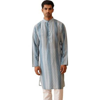 Sojanya (Since 1958 Men's Cotton Silk Wove Design Teal Blue Long Kurta