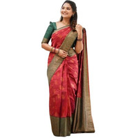 Flosive Women's Present Banarasi Soft Lichi Silk Saree Beautiful Jacquard Rich Pallu Design Work Zari Woven Kanjivaram Silk Style Saree With Soft Lichi Silk Blouse Piece Ayn Royal Multi (Red).