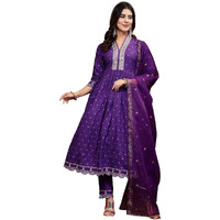 Stylum Women's Bandhani Printed & Embroidered Rayon Flared Kurta Pant Dupatta Set (Kpdvoilgalib42_Violet, Xl)
