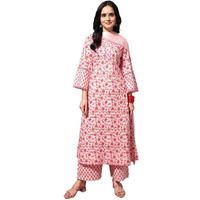 Varanga Women Peach Printed V Neck Collar Kurta With Tonal Dupatta And Bottom, Three-Quarter Sleeves, Lace Detail