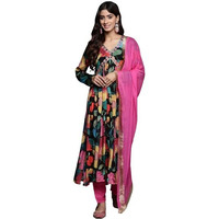 Varanga Women Blue Floral Printed Pure Silk Chinon Embroidered V-Neck Aliya Cut Kurta Paired With Tonal Bottom And Dupatta