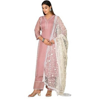 Varanga Women Mauve Kota Check Cotton Lace Kurta With Bottom And Dupatta