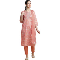Anubhutee Women's Cotton Orange Ethnic Motifs Printed Straight Kurta Suit Set With Pants And Dupatta