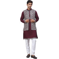 Jompers Purple Men's Embroidered Waistcoat And Kurta Pyjama. (Purple, M)