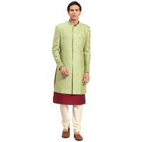 Kisah Men's Indo-Western Kurta Sherwani Churidar Set, Green Silk Blend, Jacquard Regular Fit Long Sleeves Mandarin Collar (38)