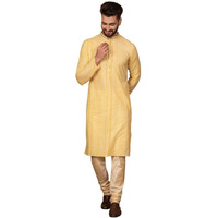 Kisah Men's Kurta Churidar Set, Yellow Cotton Blend, Printed Regular Fit Mandarin Collar Long Sleeves (40)