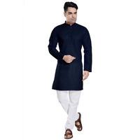 Divisive Men's Plain Cotton Blend Linen Slim Fit Kurta Pyjama Set (Dkrt52_Xxl_Navy Blue)