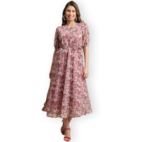 Preneum Women's Maxi Fit & Flare Latest Style Print Georgette Regular Sleeves Casual Summer Maxi Dress || Festival & Occasion, Peach, L