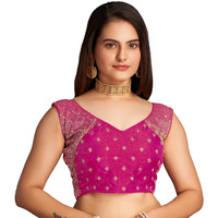 Pujia Mills Women's Sequin Embroidered V Neck Sleeveless Pink Readymade Saree Blouse Indian Ethnic Stitched Padded Blouses For Women