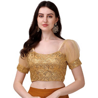 Pujia Mills Womens Net Fabrics Round Neck Puff Sleeve Blouse (Gold, 34)