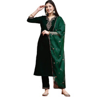 Sanisa Women's Velvet Embroidery Straight Kurta With Pant And Embroidery Dupatta (108Kbd1185Nz-Xxl_Dark Green)