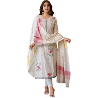 Sanisa Women's Cotton Jacquard Work Straight Kurta With Pant And Dupatta Set (212Kbd2243N-L_Off White & Multi)