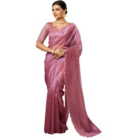 Satrani Women's Shimmer Net Embroidery And Scalloped Border Saree With Unstitched Blouse Piece (3899S444N_Rose Pink)
