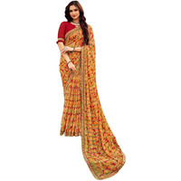 Satrani Women's Chiffon Geometric Printed Saree With Unstitched Blouse Piece (4038S3271N_Khaki & Orange & Red)