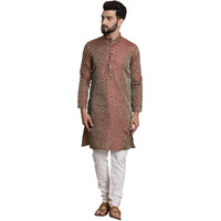 Sojanya (Since 1958 Men's Silk Blend Maroon Self Design Kurta And White Churidar Pyjama Set