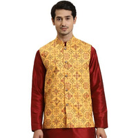 Sojana (Since 1958) Men's Cotton Linen Yellow & Multi Printed Only Nehru Jacket