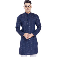 Divisive Men's Sequince Mirror Embroidered Cotton Silk Blend Only Slim Fit Kurta (Dkrt176_Xxl_Navy Blue)