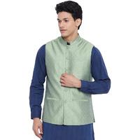 Fabindia Men Viscose Silk Chinese Collar Nehru Jacket Green_Xxl