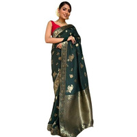 Flosive Women's Kanjivaram Silk Saree With Weaving Work With Blouse Piece And Zari Border (Green)
