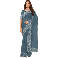 Glory Sarees Women's Organza Silk Embroidered Saree With Blouse Piece (Organza102_Grey)