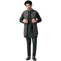 Kisah Men's Kurta Jacket Churidar Set, Multi Cotton Blend, Printed Regular Fit Mandarin Collar Long Sleeves (42)