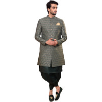 Kisah Men's Ethnic Wear Silk Blend Printed Regular Fit Green Kurta Indo-Western Sherwani Set Indo-Western|42