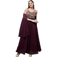 Miss Chase Women's Wine V-Neck Flared Long Sleeve Embroidered Fit & Flare Maxi Dress (Mcss22D13-60-184-04, Wine, M)
