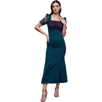 Miss Chase Women's Square Neck Short Puff Sleeve Self Design Lace Overlaid Bodycon Maxi Dress (Mcss23D79-01-83-03, Teal, S)