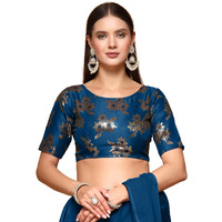 Oomph! Women's Indian Ethnic Wear Designer Floral Pattern Zari Work Boat Neck Half Sleeve Teal Blue Color Brocade Readymade Blouse For Saree Or Lehnga And Fusion Twist. S