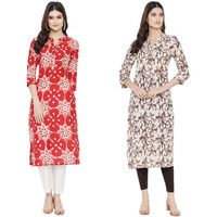 Pinkmint Women Cotton Printed Kurta Stylish Regulr Fit Girl's Combo Kurta Ll Regular Fit Combo Kurta (Pack Of 2) Red-Cream