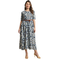 Preneum Women's Georgette Floral Printed 3/4 Slevees A-Line Fit & Flare Gown With Beltindo-Western Ethnic Gown || A-Line Maxi Dress Casual Wear || Fit & Flare Flared Hem Design, Sky Blue, 2Xl