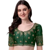 Pujia Mills Women's Silk Embroidery Coding Multi Work Readymade Saree Blouse(Suraj Green_38)