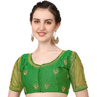 Pujia Mills Women's Multicolor Temple Embroidery Net Back Sequence Khatli Work Sleeves Design Phantom Silk Readymade Saree Blouse (Temple Blouse_Green_38 Size+Margin)