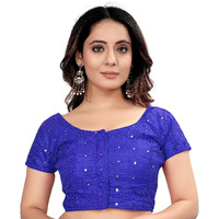 Pujia Mills Women's Silk Foil Mirror Short Sleeve Readymade Fancy Blouse(Foil Mirror Royal Blue_38)