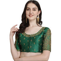 Pujia Mils Women's Silk Floral Half Sleeve Regular Blouse (Gulab Green 38)