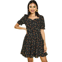 Rare Women's Georgette Fit And Flare Knee-Length Dress (Ep6247_Black_M)